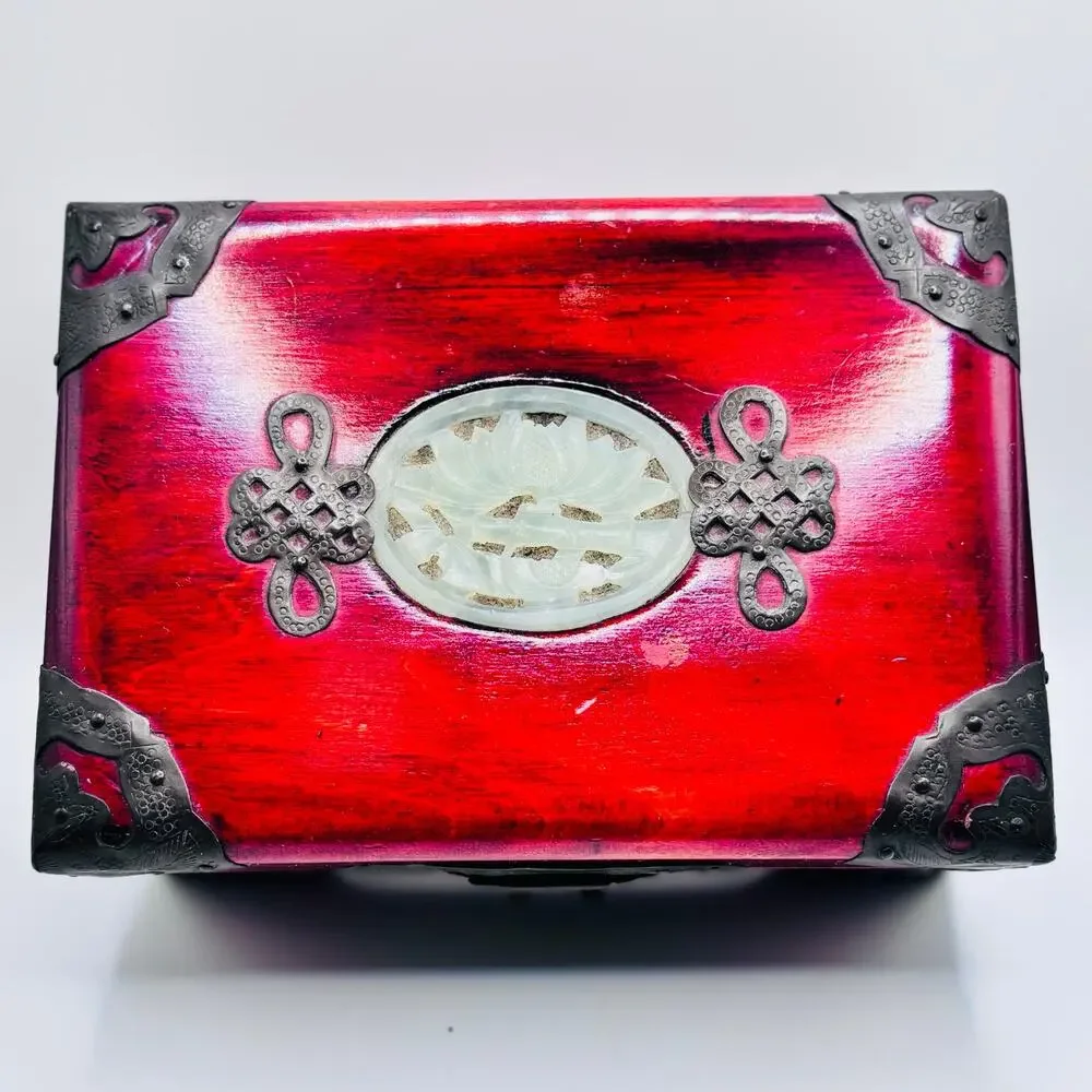 Chinese Hangzhou Wood Jewelry Box Carved Green Stone Metal Hardware